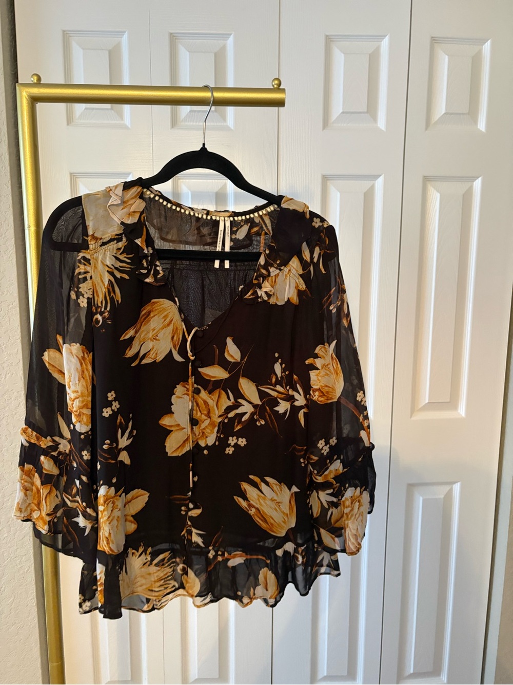 Anthropologie Blouse Black Sheer Feminine with Yellow Floral Print, Size S
